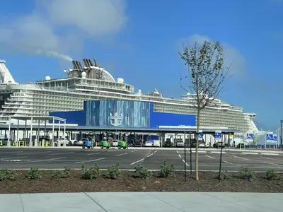 Galveston cruise terminal with Allure of the Seas behind it