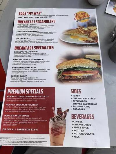 Breakfast menu at Johnny Rockets