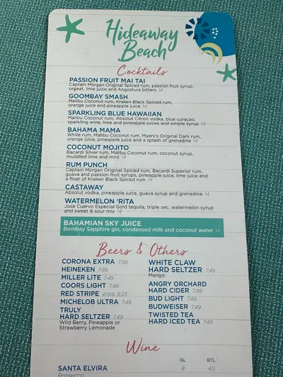 Hideaway Beach drink menu