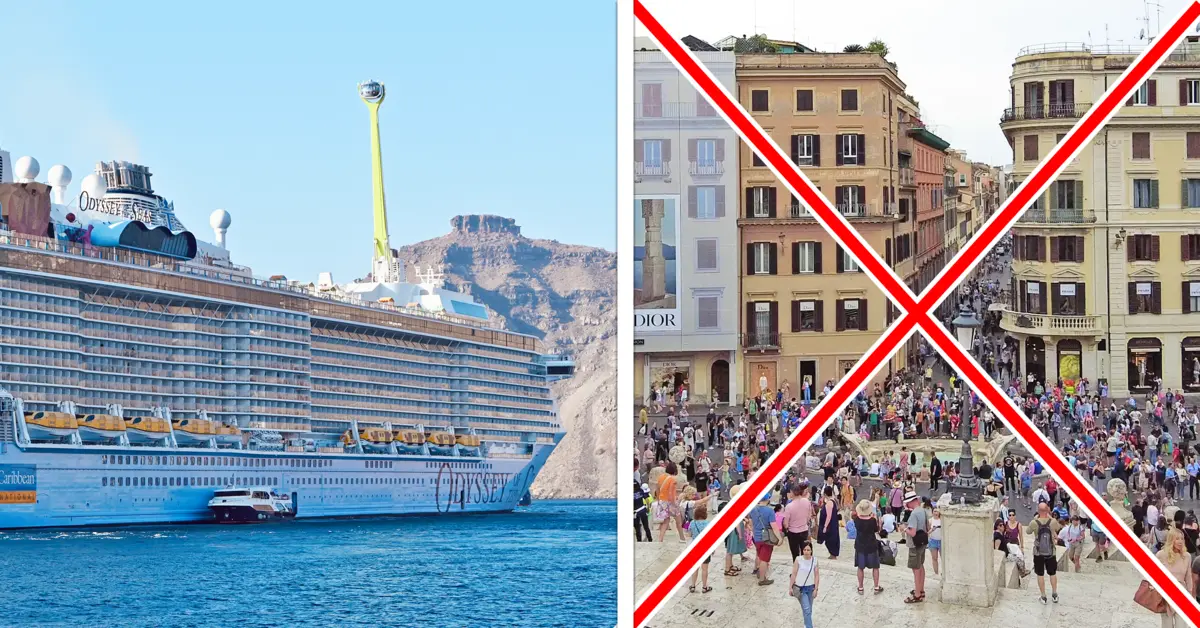 Side by side image of cruise ship with Rome Italy