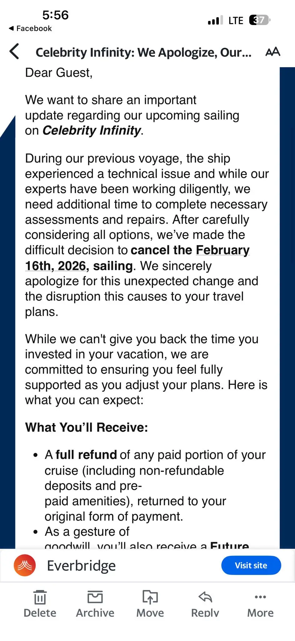 Letter saying cruise is cancelled