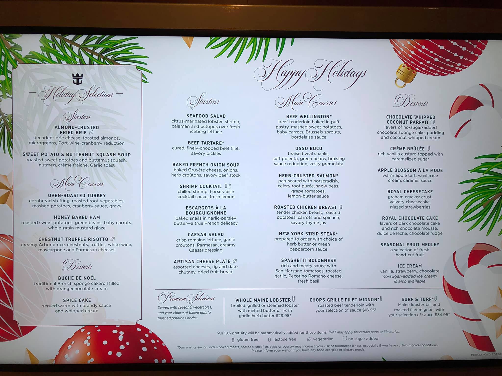 A look at the Christmas dinner menu on Royal Caribbean Royal