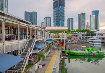 Partial view of colorful boat in Bayside Marketplace area