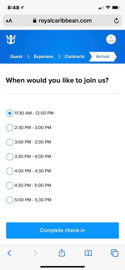 Check-in times for Royal Caribbean