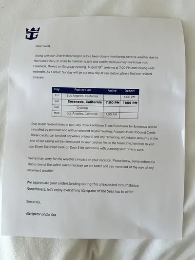 Letter sent to passengers on Navigator of the Seas