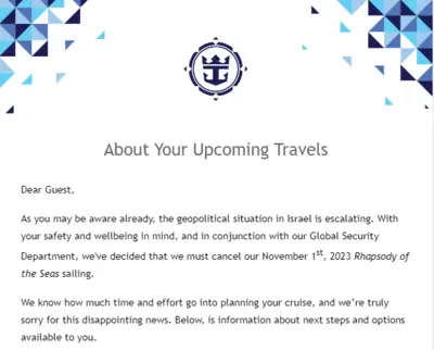 Cancellation email for Rhapsody of the Seas