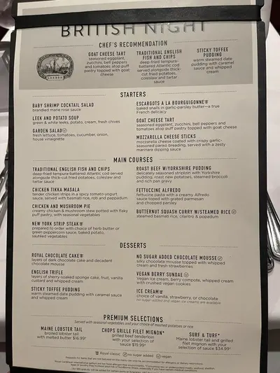 British night main dining room menu