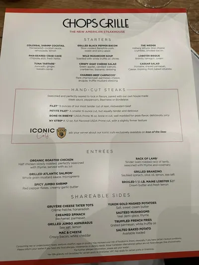 Icon of the Seas Chops Grille menu