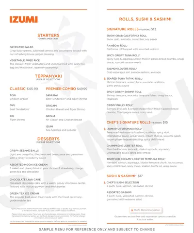 Izumi hibachi menu