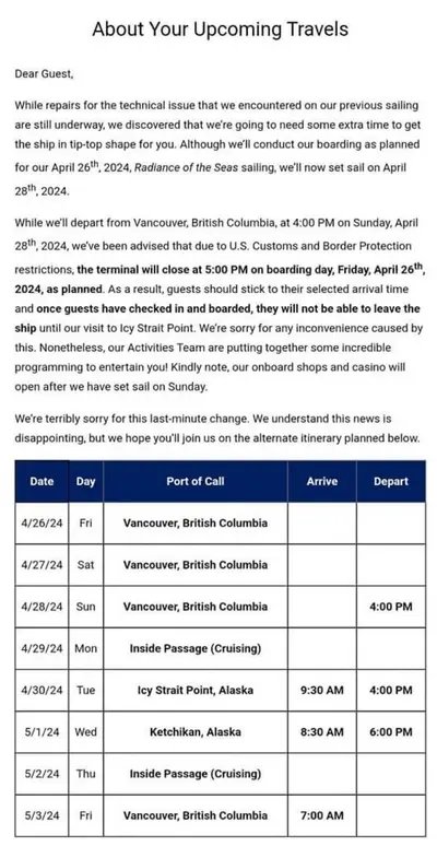 Radiance of the Seas letter