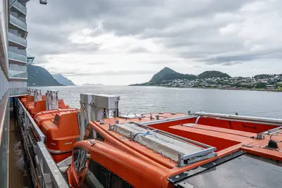 view of Norway fjord from obstructed balcony cabin