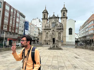 Tour guide in front of Church