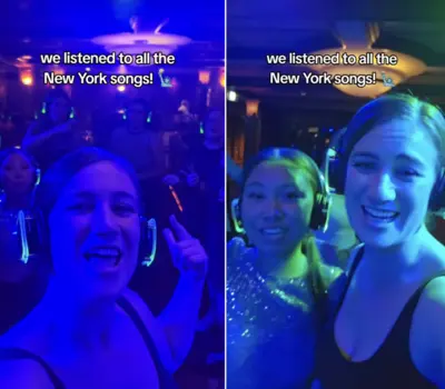 Screenshots from a TikTok showing Dr. Jenny dancing at the Ultimate World Cruise's last silent disco