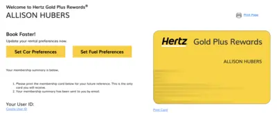 Hertz car Rental sign up page