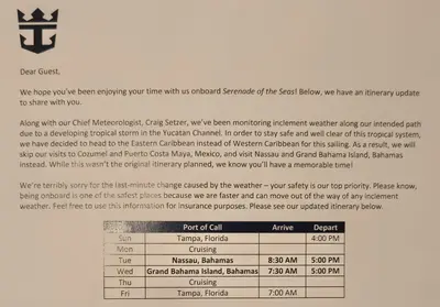 Serenade of the Seas itinerary change