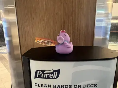 Rubber duck on top of a hand sanitizer