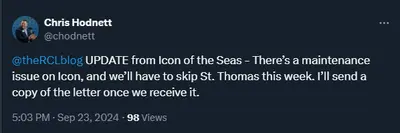 Tweet about cancelled Icon of the Seas cruise