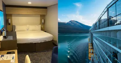 side by side of interior cruise cabin and balconies 