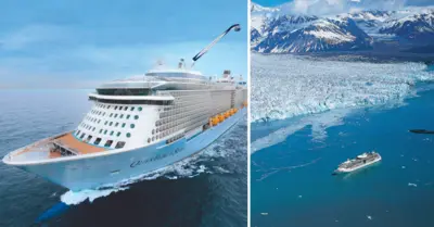 side by side image of two cruise ships in Alaska