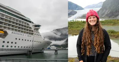 side by side image of cruise ship and jenna smiling at glacier