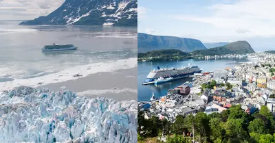 side by side image of cruise ship in Alaska and Norway