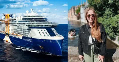 side by side image of Celebrity Apex cruise ship and girl posing for a photo in Belgium