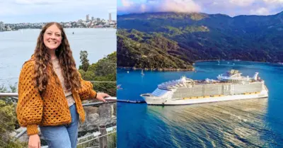 side by side image of Jenna smiling in Sydney and cruise ship docked at Labadee