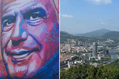 Anthony Bourdain mural next to aerial view of Bilbao