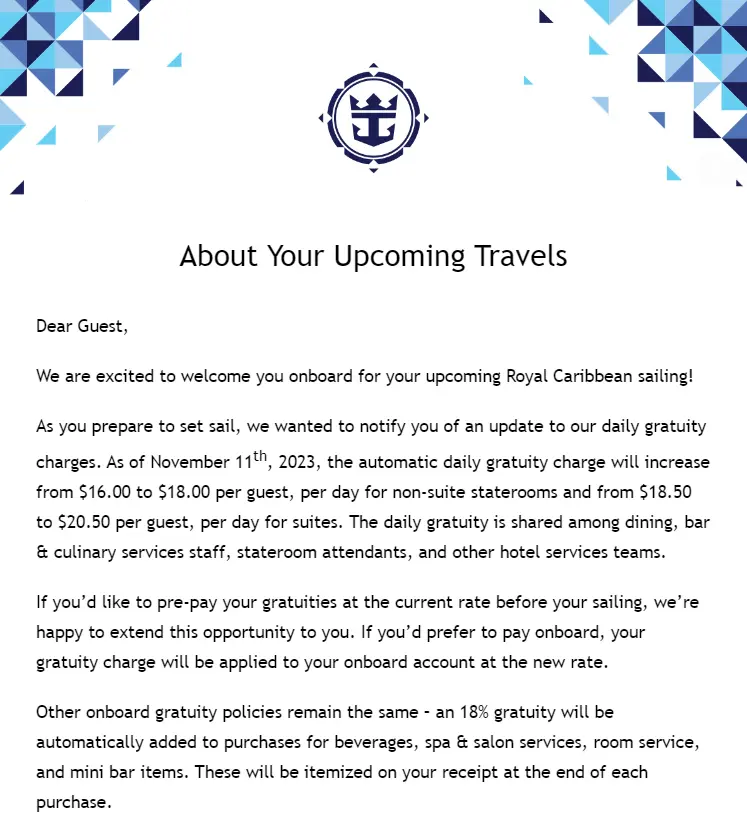 Gratuity increase email