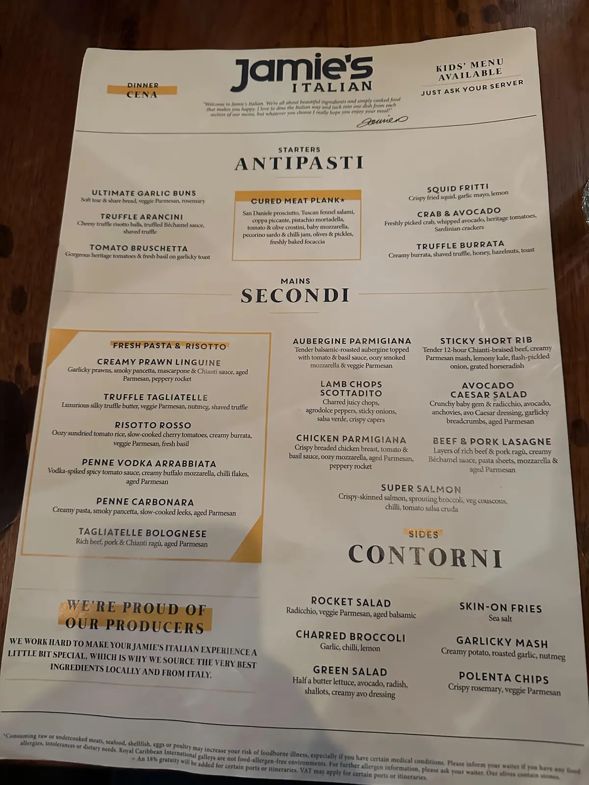 Jamie's Italian menu