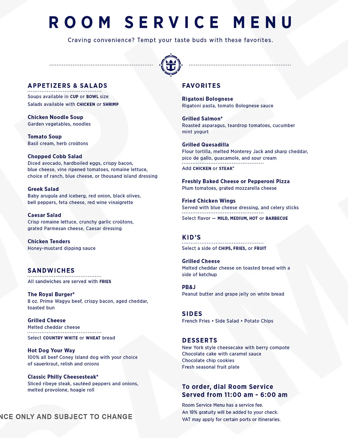 Room service all day menu
