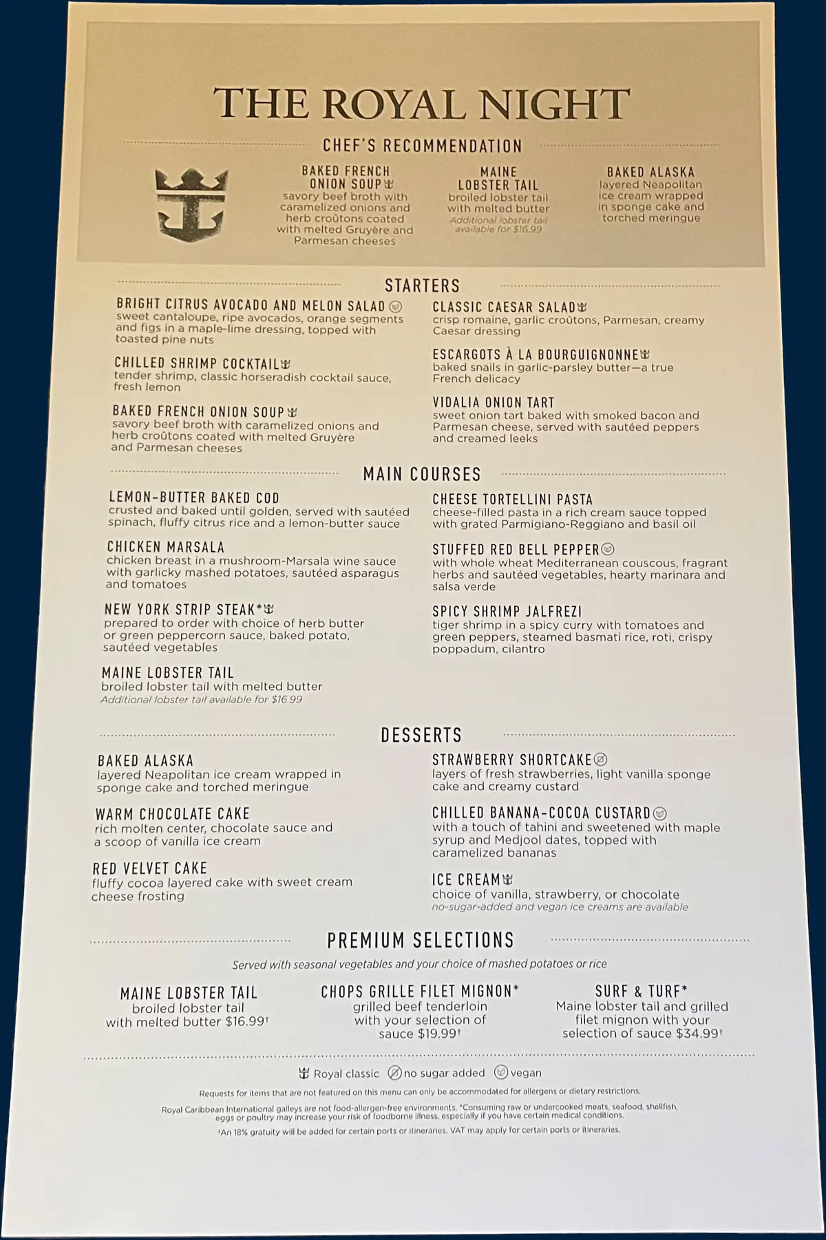Royal Night main dining room menu