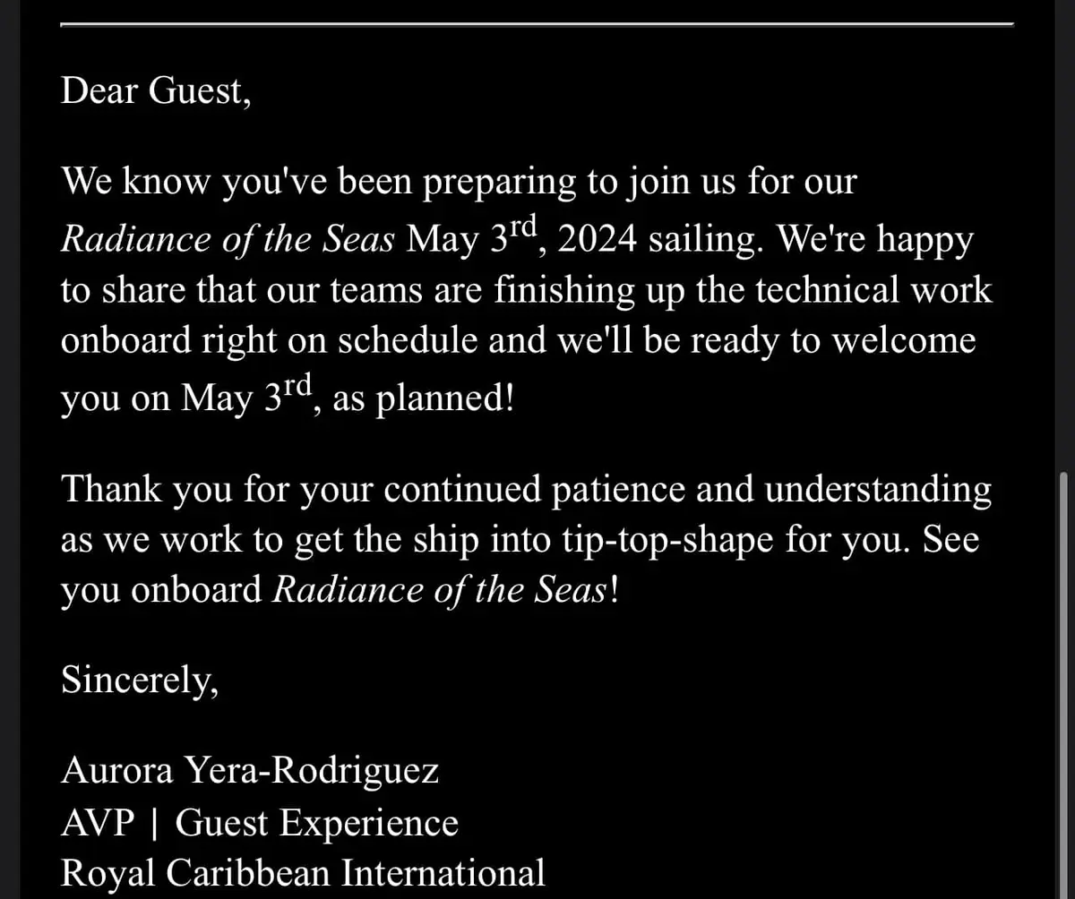 Radiance of the Seas letter