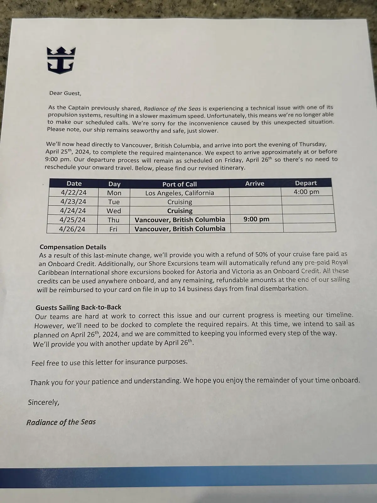 letter given to guests