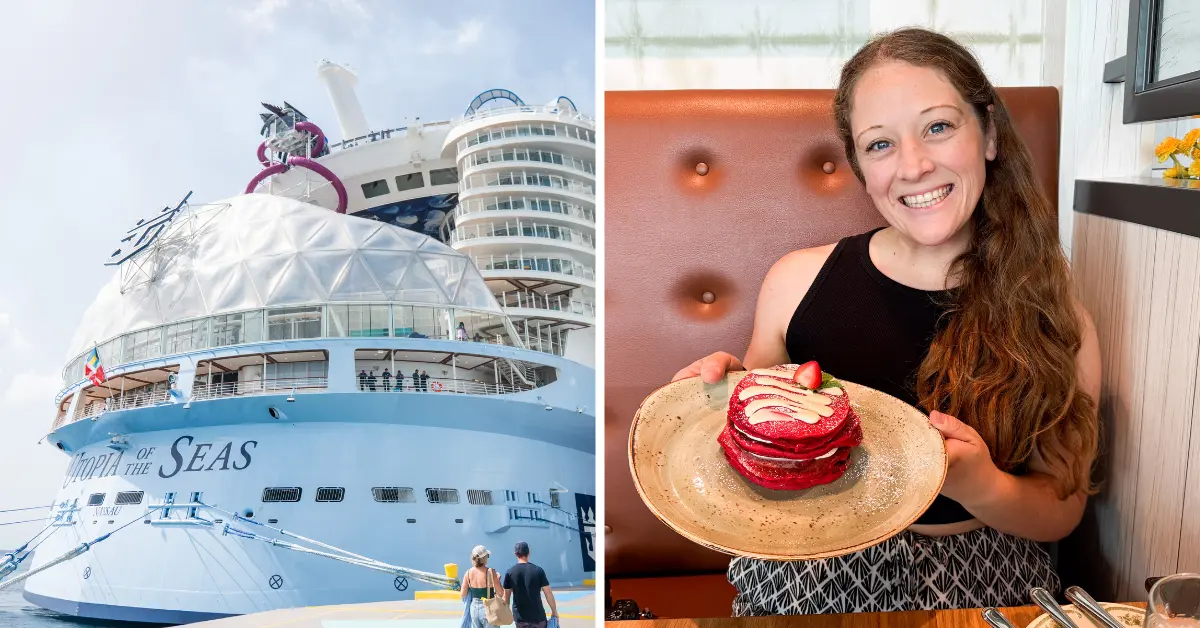 side by side image of Utopia of the Seas and Jenna smiling with a stack of pancakes
