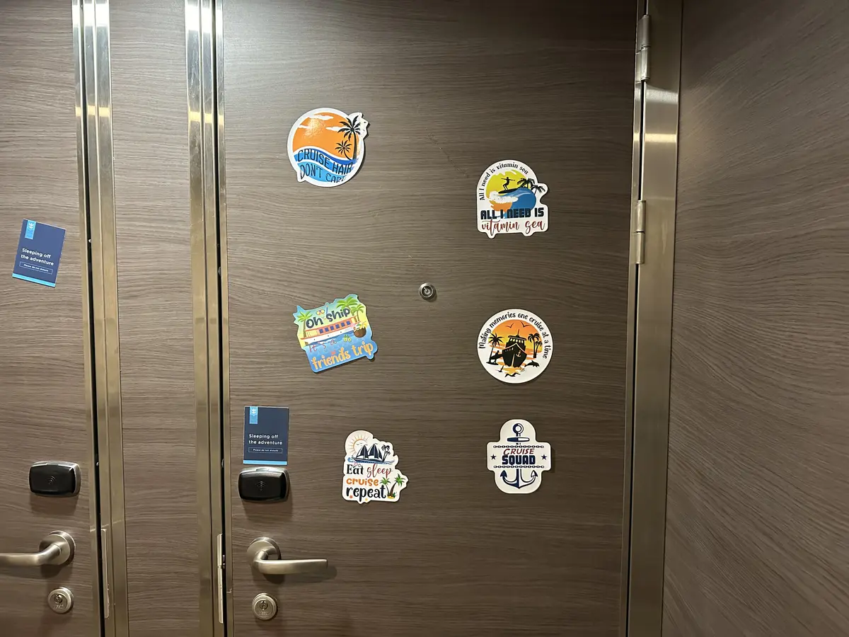 Cruise-Cabin-Decor-Quantum-6 Fun magnets on a cruise cabin door onboard Quantum of the Seas
