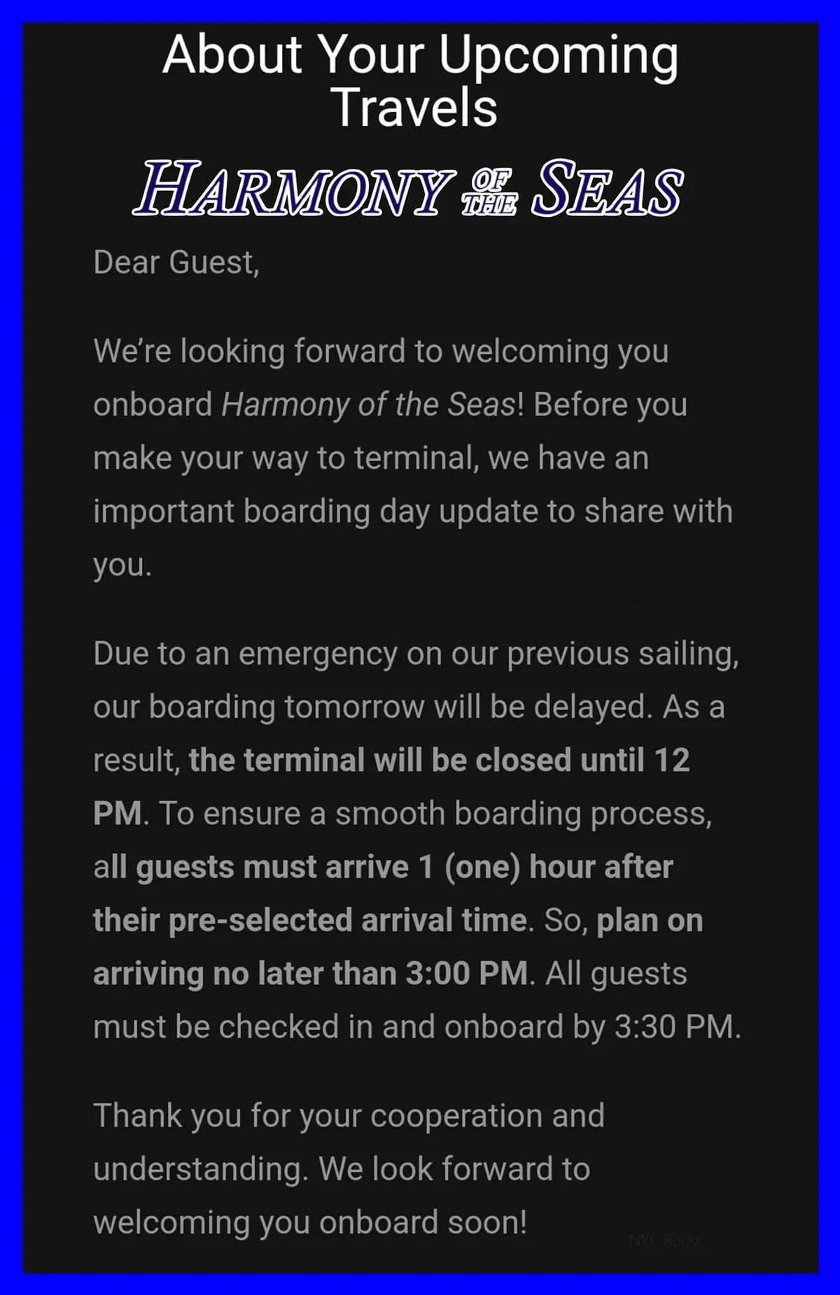 harmony-letter-septemb er Letter sent to guests onboard Harmony of the Seas' Sept. 8 cruise
