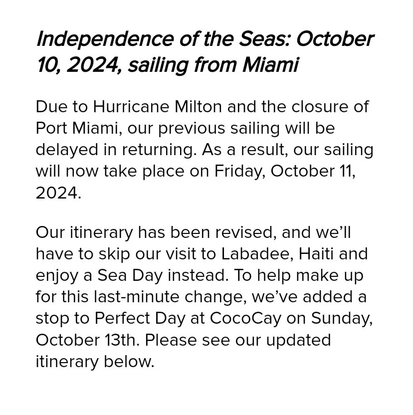 Delayed sailing notice