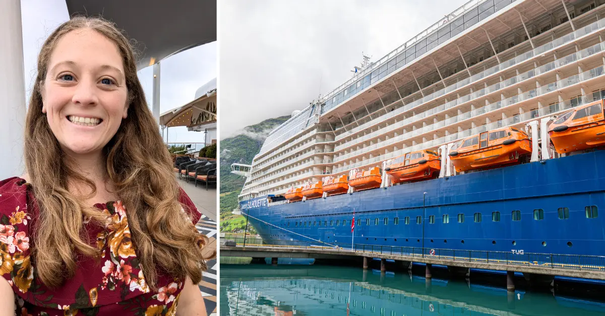 Side by side image of Jenna selfie and Celebrity Silhouette ship exterior