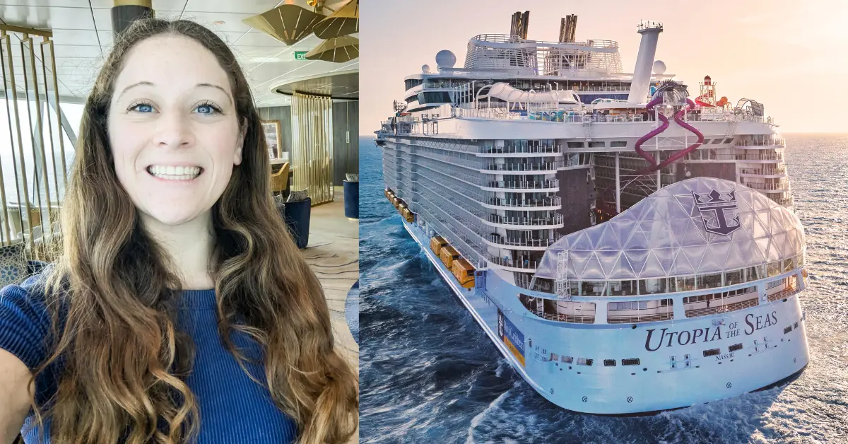 Side by side image of selfie and Utopia of the Seas cruise ship