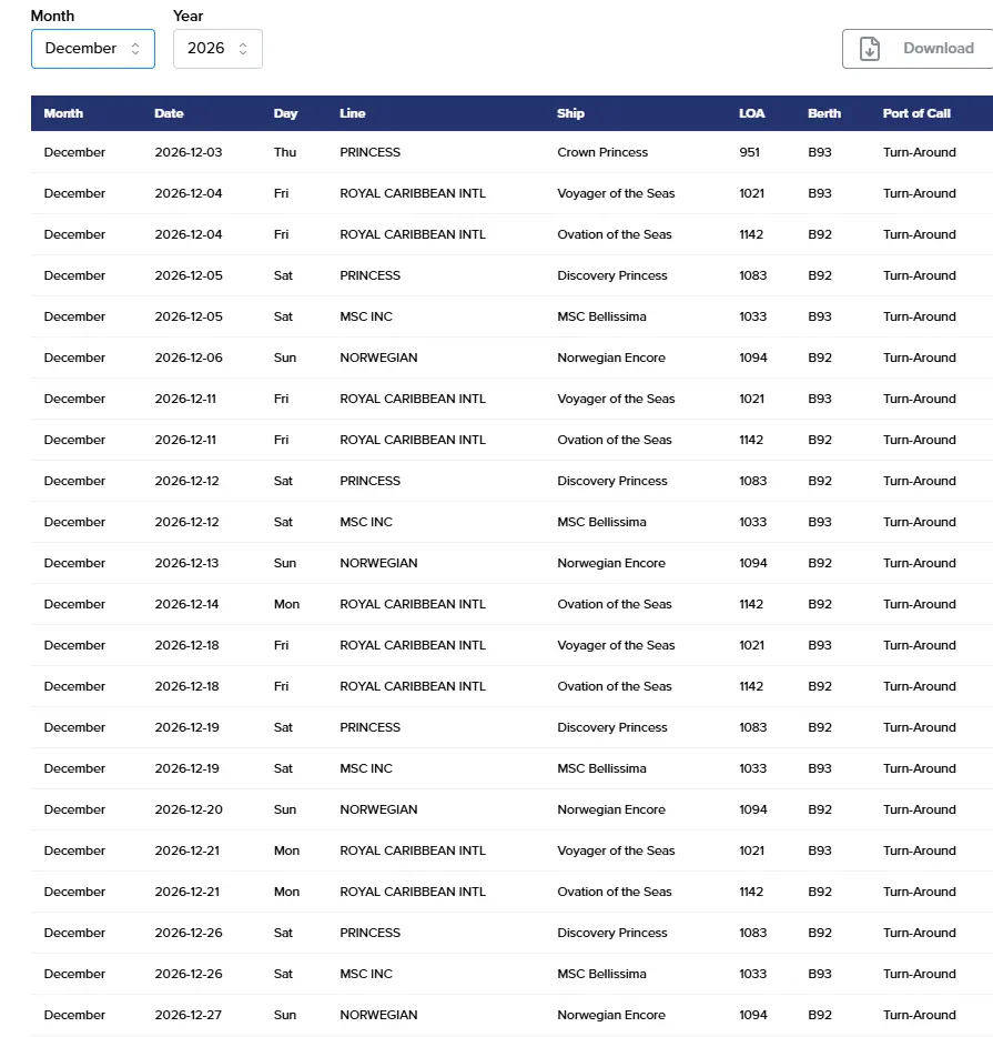 December 2026 LA port schedule
