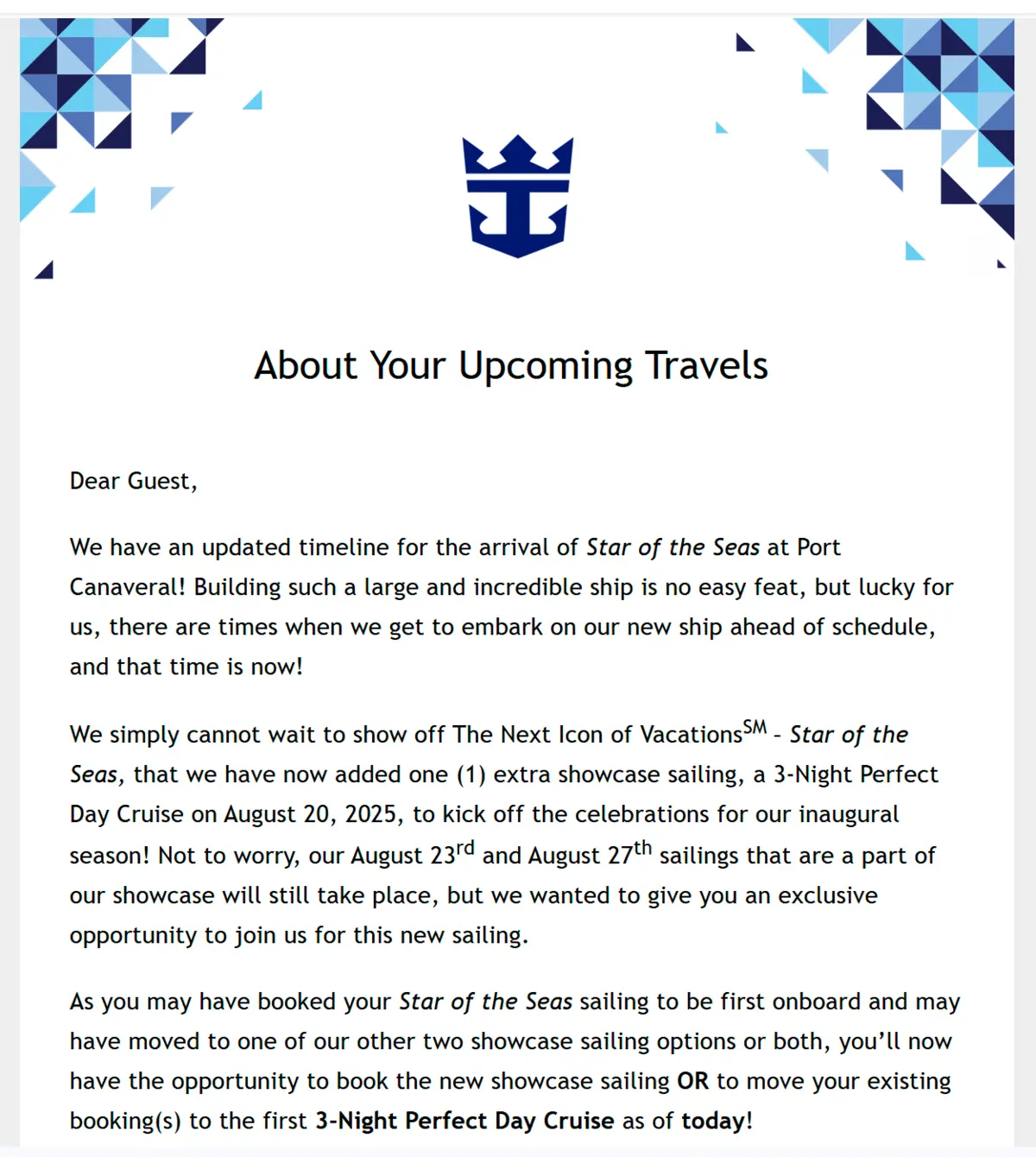 Email from Royal Caribbean