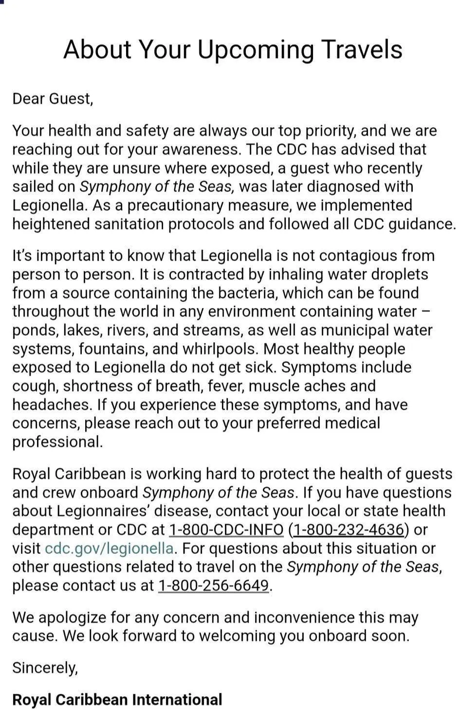 Letter sent to guests from Royal Caribbean