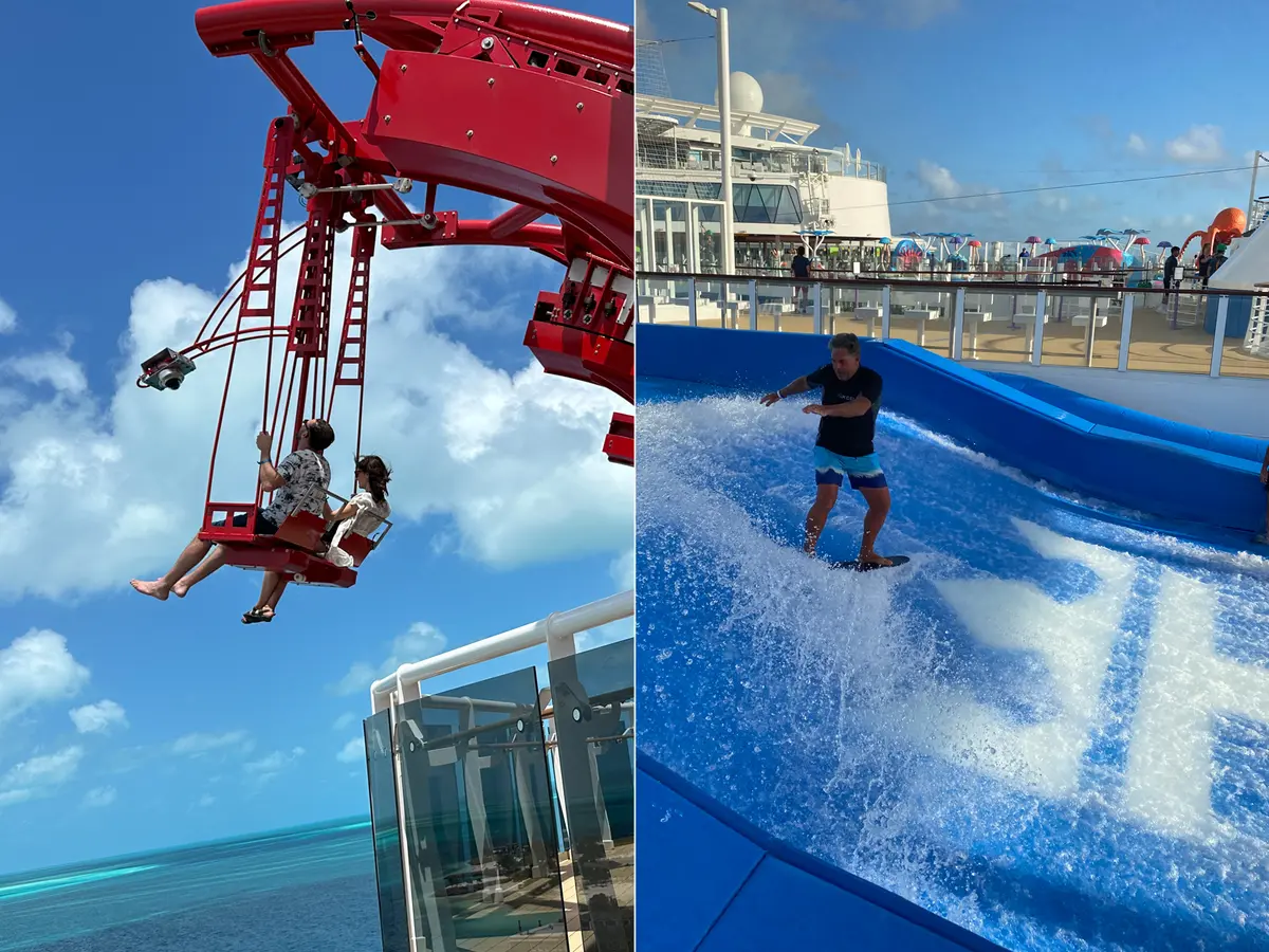 MSC's Cliffhanger and Royal Caribbean's FlowRider Cliffhanger on MSC World America next to Royal Caribbean's FlowRider surf simulator