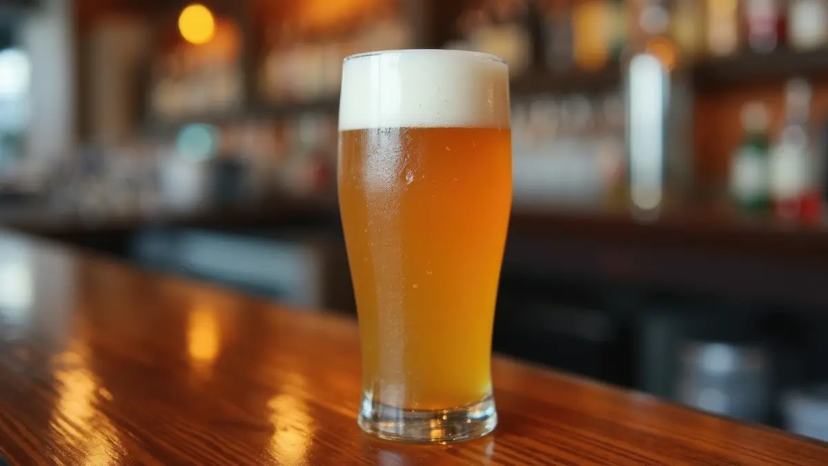 A pint glass filled with non-alcoholic beer