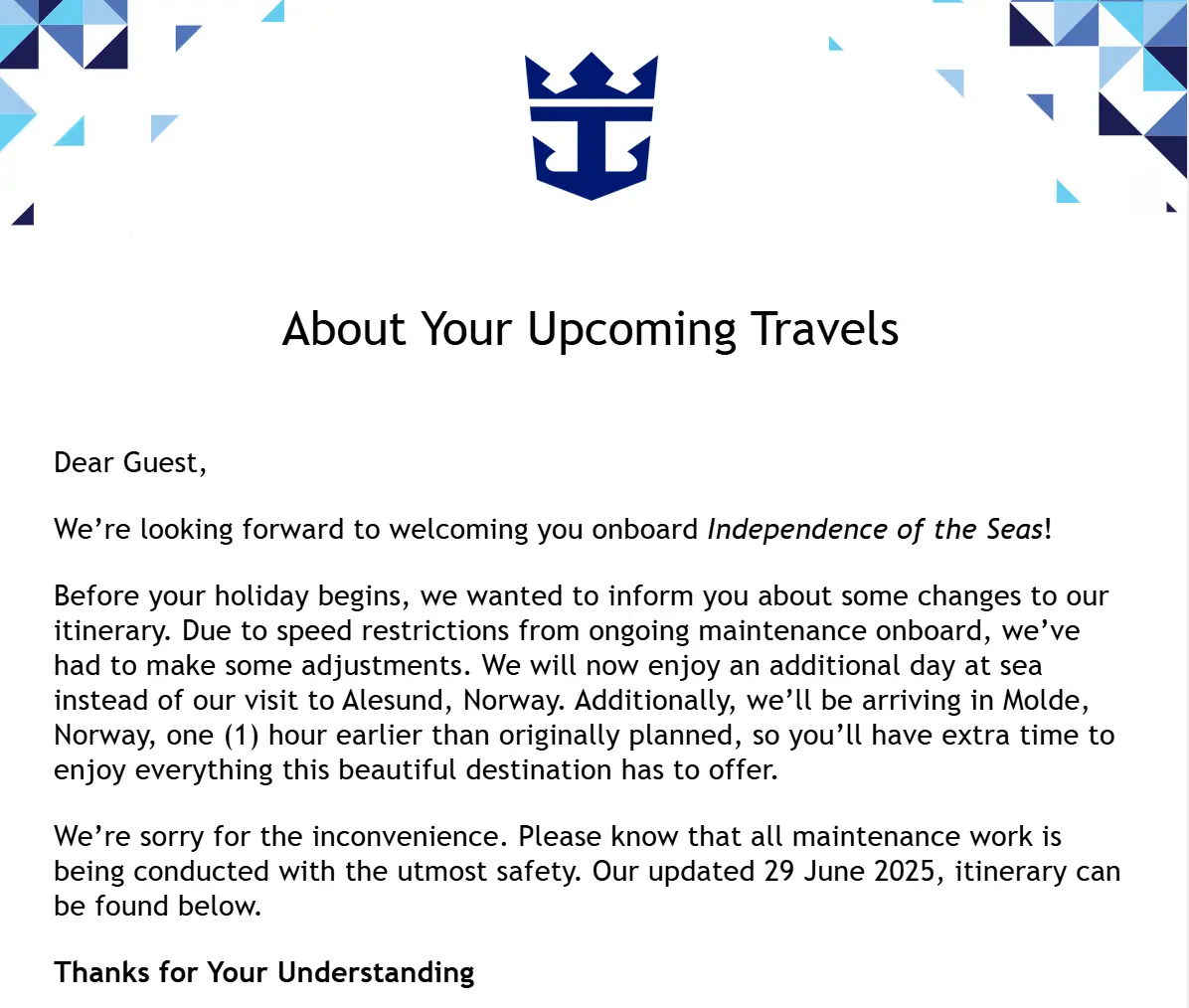 Letter from Royal Caribbean