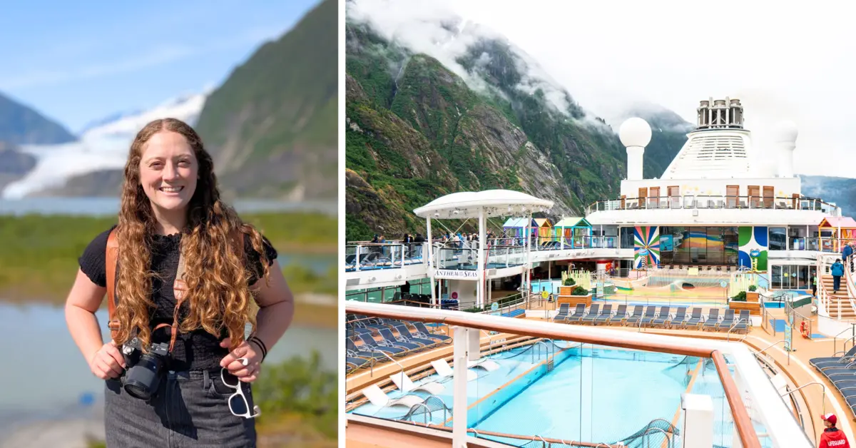 side by side image of Jenna smiling and Anthem of the Seas pool deck