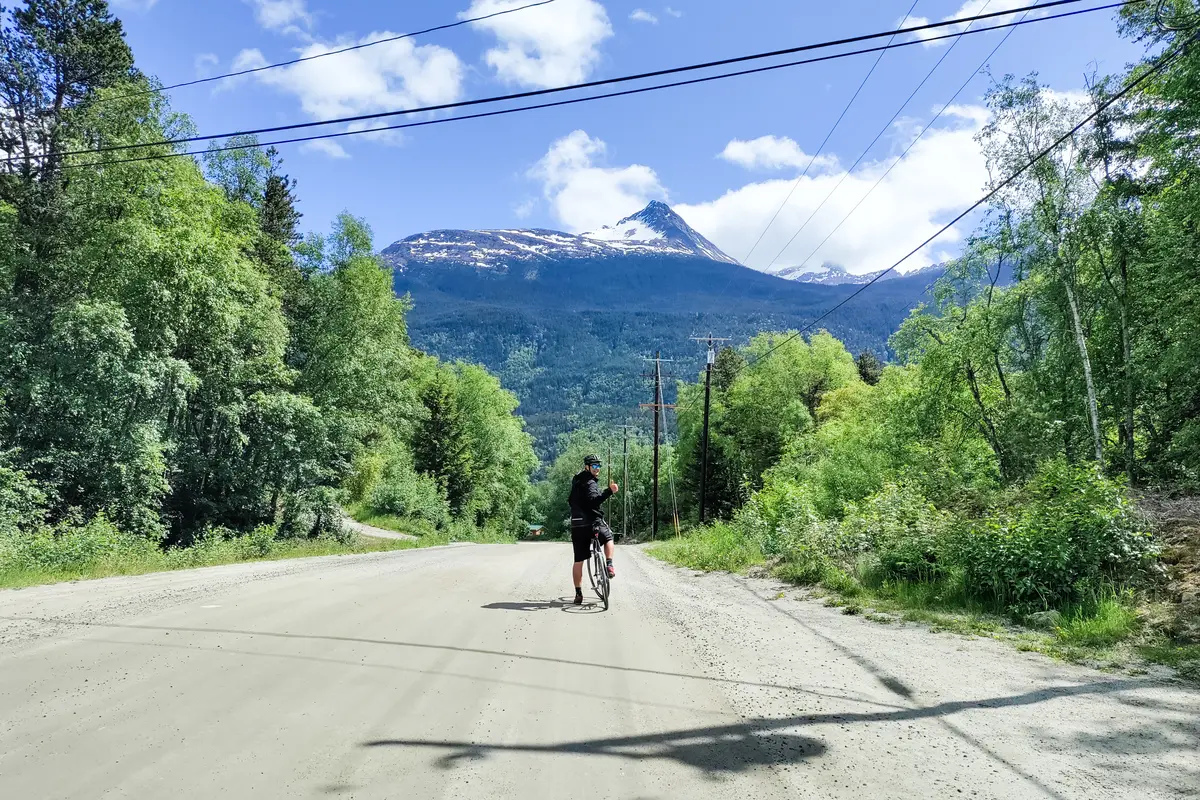 cycling on a remote road in Alaska