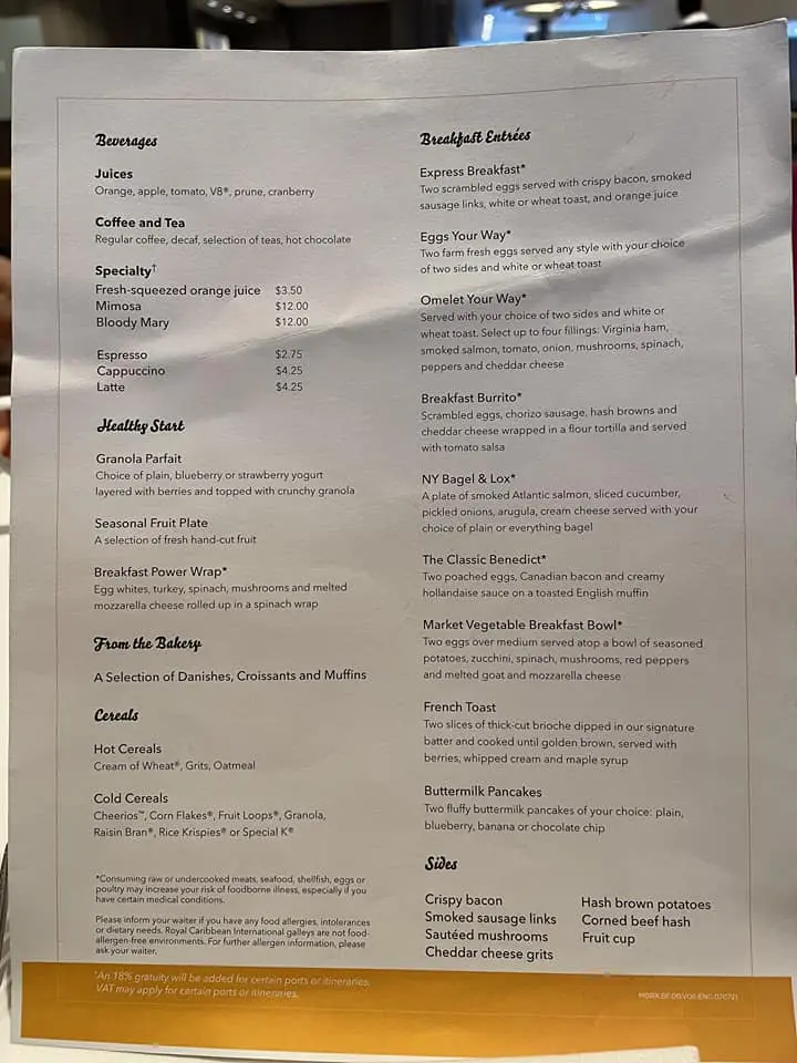 Breakfast menu