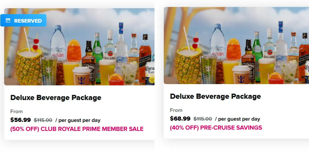 Price comparison for drink package